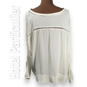 Hotel Particulier White Ivory Lattice Trimmed Long Sleeve Blouse, Women’s Large